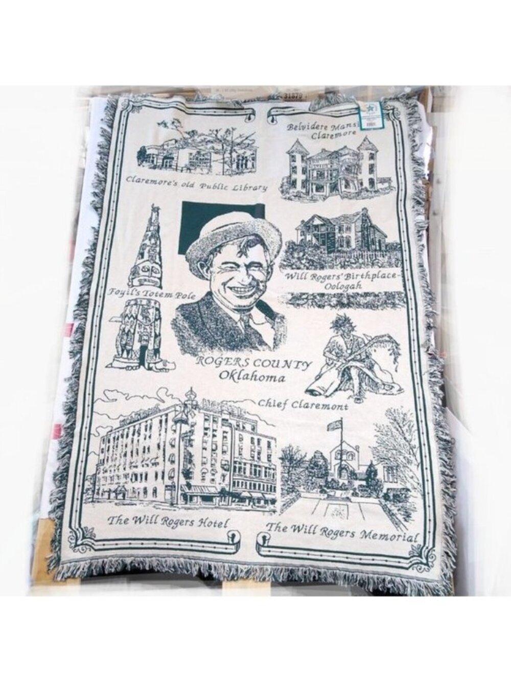 Will Rogers Theatre Jacquard Woven Tapestry Oklahoma Blanket 46x67 Double-Sided